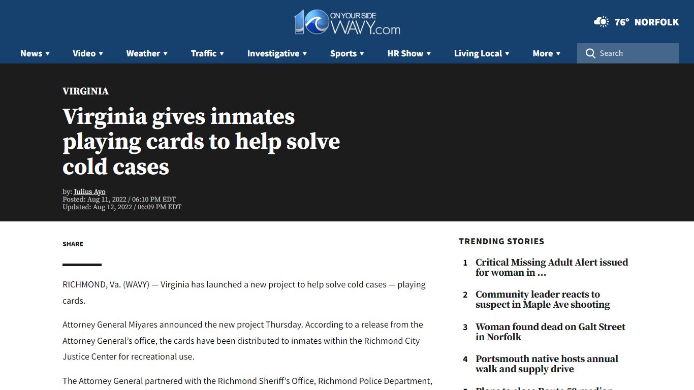 Virginia gives inmates playing cards to help solve cold cases